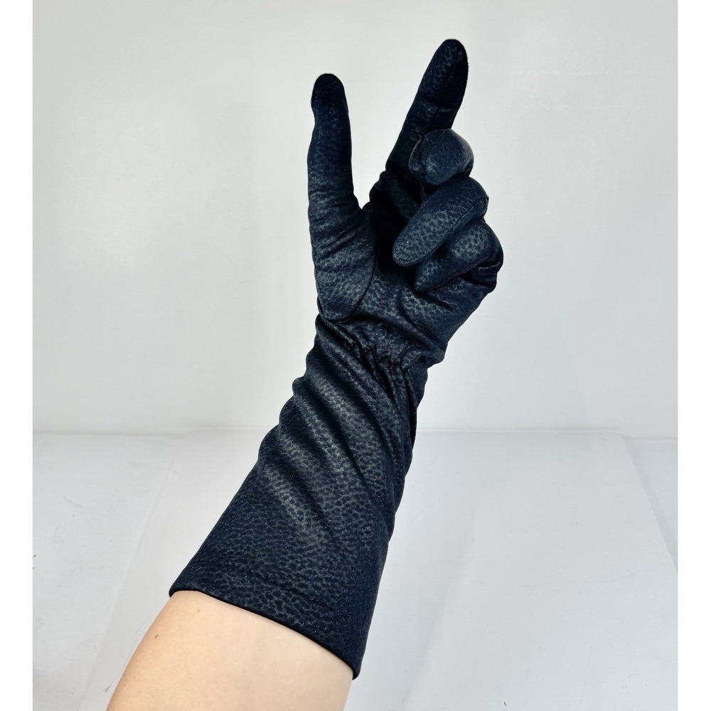 VTG 1950s Black Leopard Nylon Long Dress Gloves Size B Made In USA Opera Evening